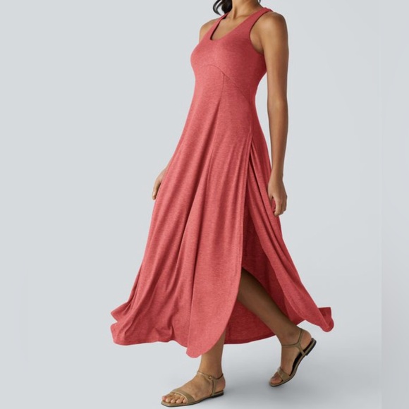 HALARA Dresses & Skirts - Halara U neck Flowy Maxi dress Sleeveless Side slit Coral Size S NWT Comfy Soft